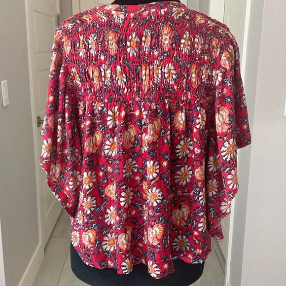 Free People Printed Ruffle Sleeve Crop Topo Size XS Red-Multi Color. - Picture 6 of 9
